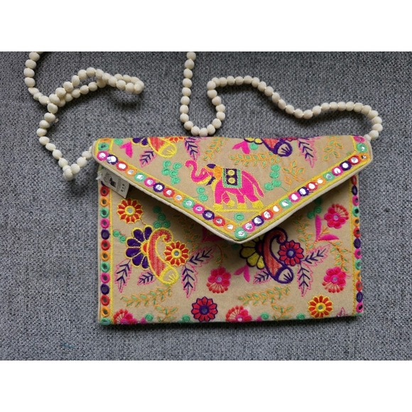 Handmade Handbags - Embroidered Crossbody Bag Elephant PomPom Strap Boho Festival Purse